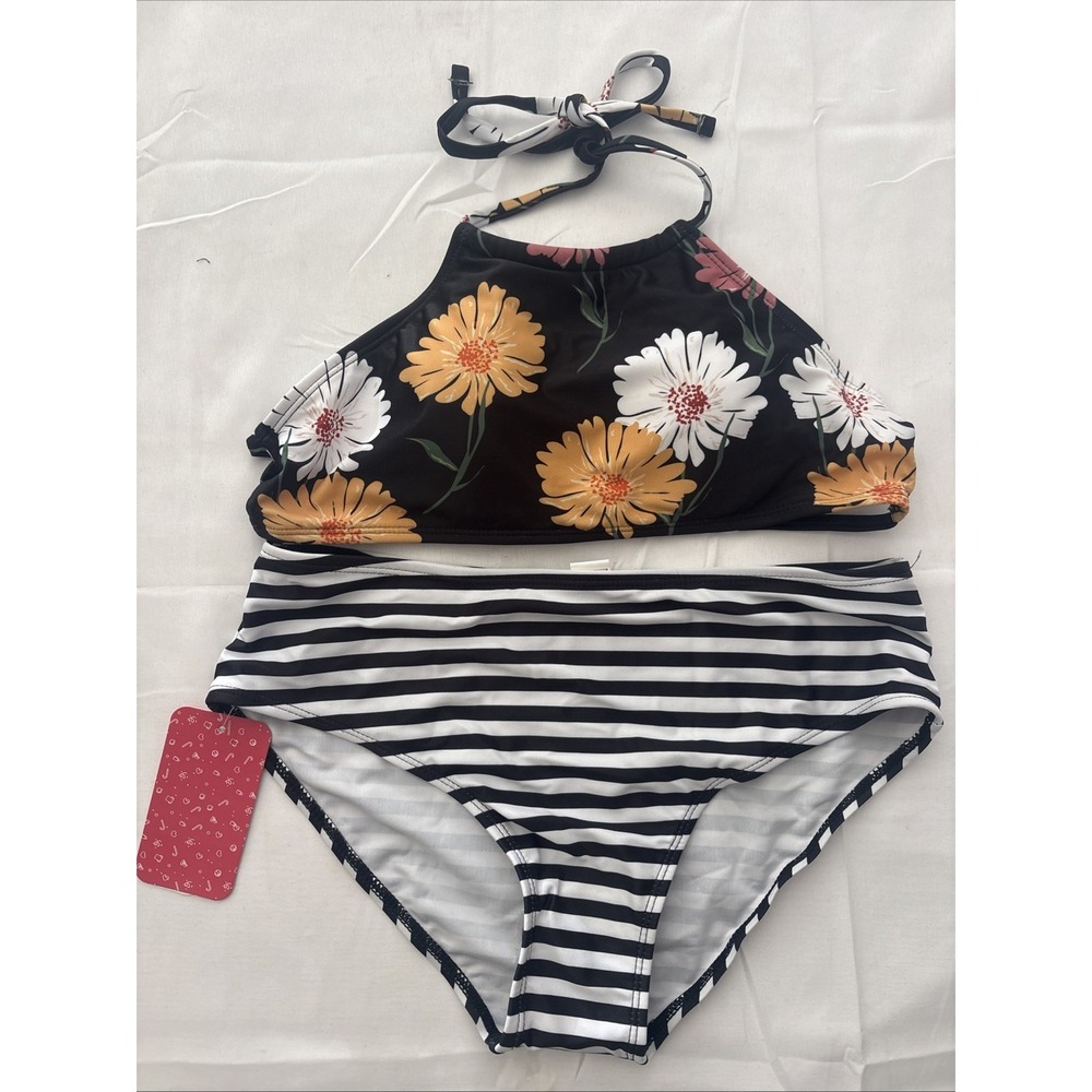 Pat Pat Womens 2 Piece Swimsuit Small NWT Halter Floral Striped Black White
